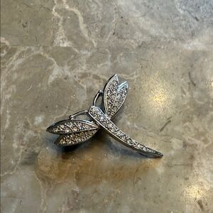 Vintage crown, silver plate, dragonfly brooch with genuine crystal pave